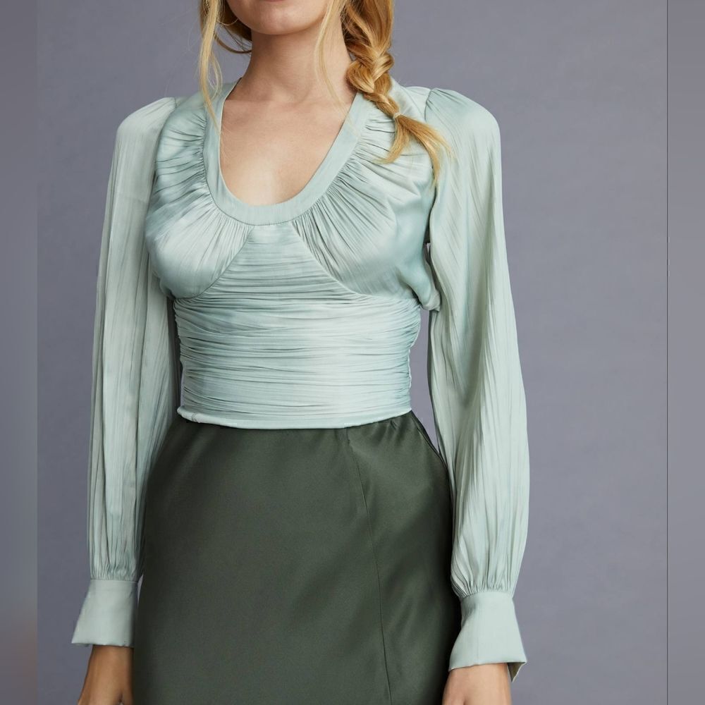 Anthropologie Blouson-Sleeve Blouse In Mint Green Size Extra Small NWT - Picture 2 of 7